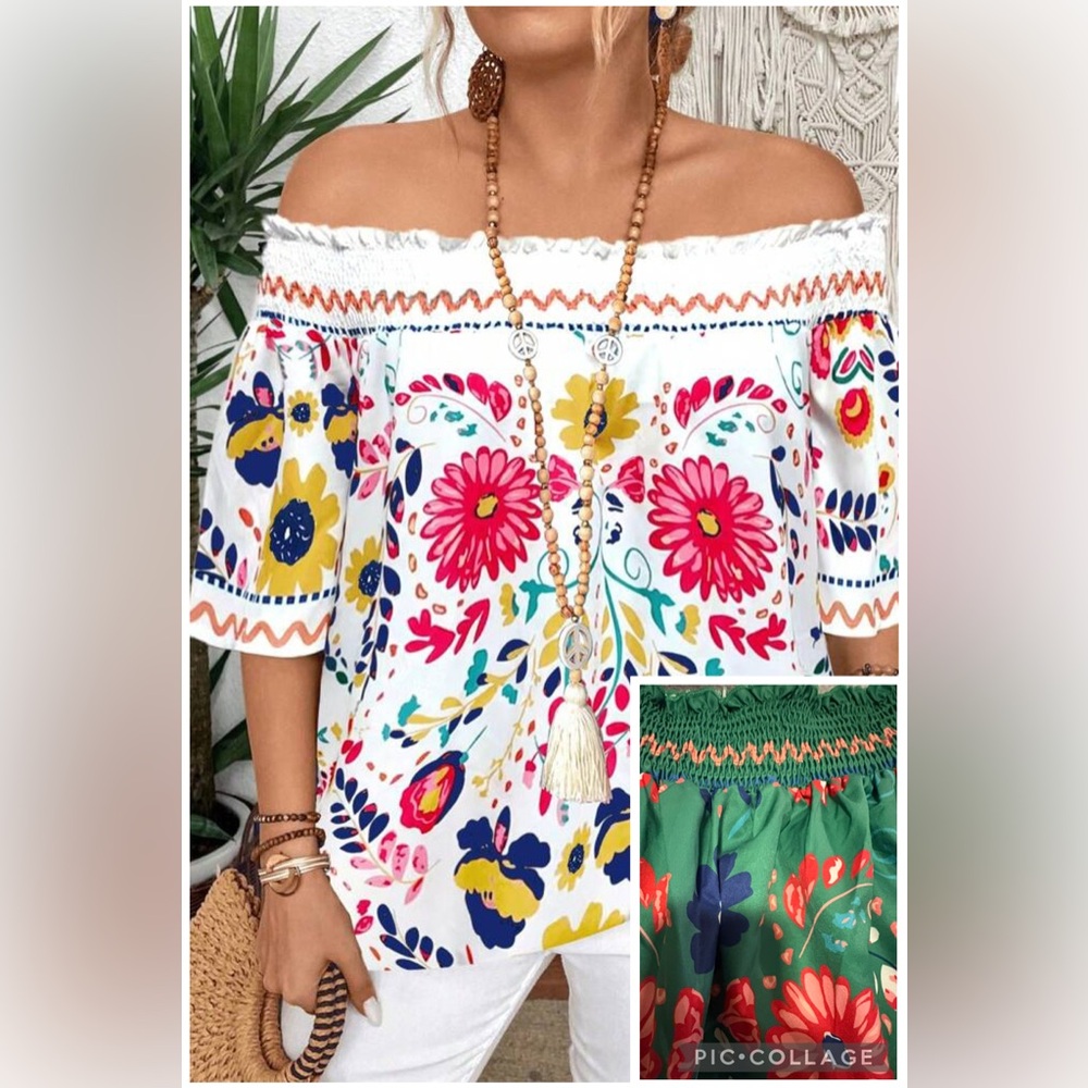 Shein Curve Holiday Tropical Green‎ Floral Off Shoulder Blouse Top 2XL (A3)